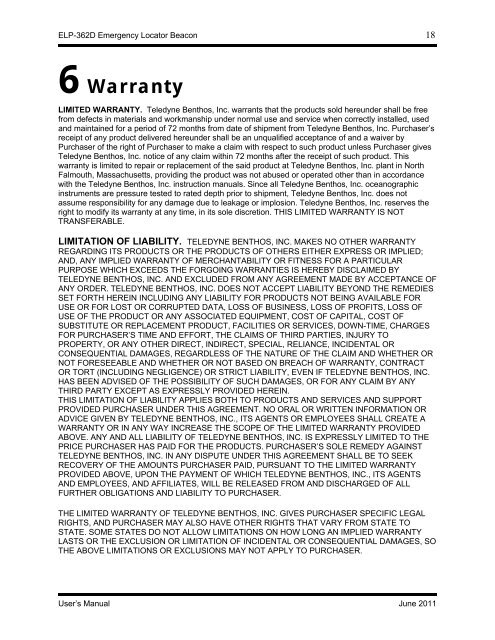 ELP-362D Emergency Locator Beacon User's ... - Teledyne Benthos