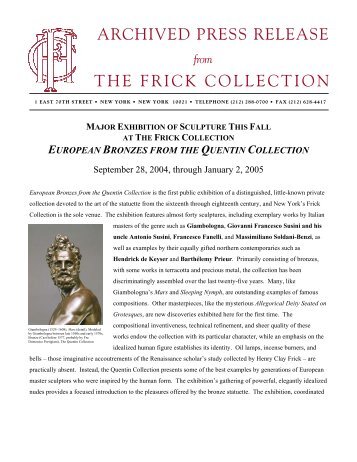 ARCHIVED PRESS RELEASE THE FRICK COLLECTION