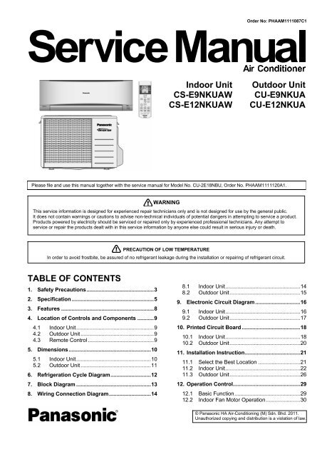 Indoor Unit Outdoor Unit CS-E9NKUAW CS ... - Panasonic