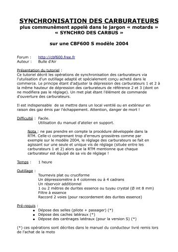 SYNCHRONISATION DES CARBURATEURS - Cbf600.fr