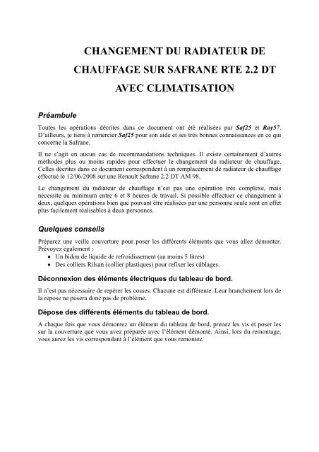 Changement du radiateur de chauffage sur safrane rte