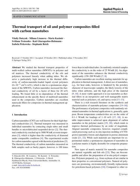 Thermal transport of oil and polymer composites filled with carbon ...