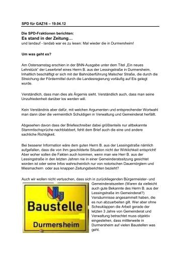 Antwort auf einen Leserbrief in - SPD Ortsverein Durmersheim