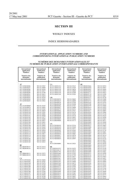 PCT/2001/20 : PCT Gazette, Weekly Issue No. 20, 2001 - WIPO