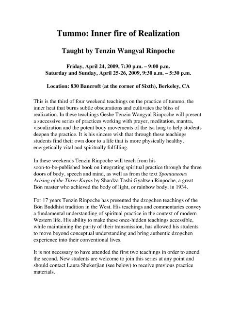 Tummo: Inner fire of Realization Taught by Tenzin Wangyal Rinpoche