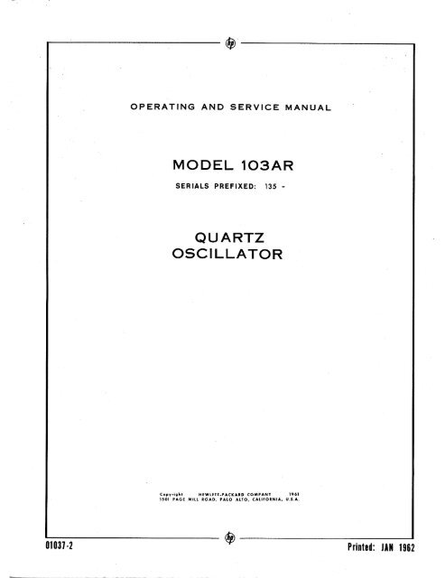 service & Schematics Operating HP 103AR Quartz Oscillator Manual 