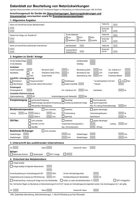 Datenblatt zur Beurteilung von Netzrückwirkungen