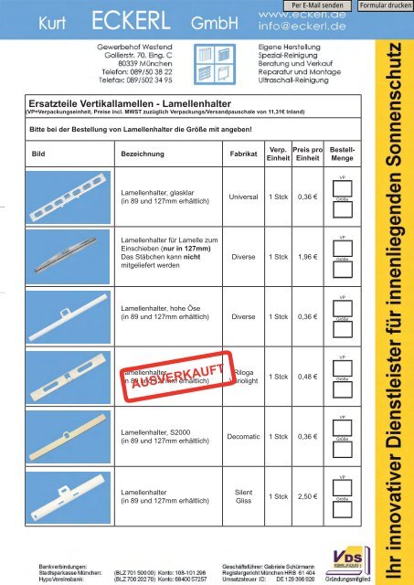 Ersatzteile Vertikallamellen - Lamellenhalter