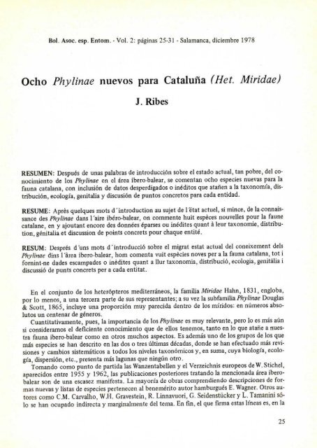 Ocho Phylinae nuevos para Cataluña (Het. Miridae)