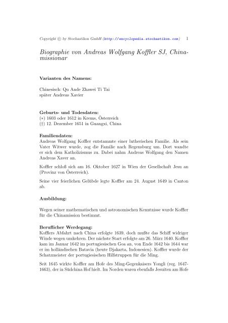 Biographie von Andreas Wolfgang Koffler SJ, China- missionar