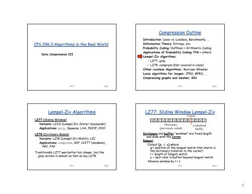 Compression Outline Lempel-Ziv Algorithms LZ77: Sliding Window ...