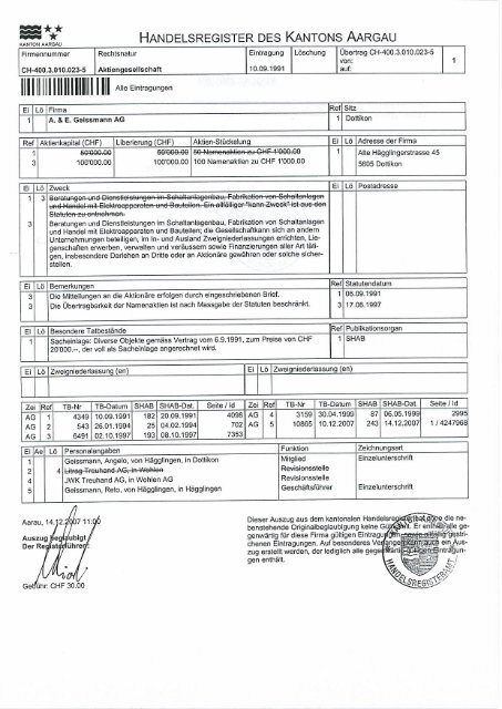 Handelsregisterauszug - A. & E. Geissmann AG