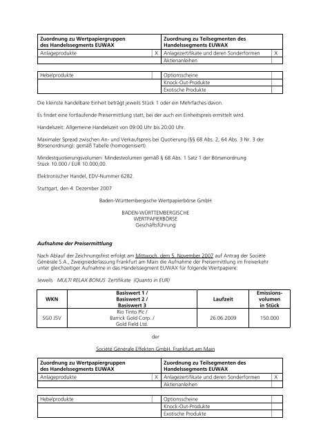 Anlage zum Kursblatt vom 4. Dezember 2007 der ... - Börse Stuttgart