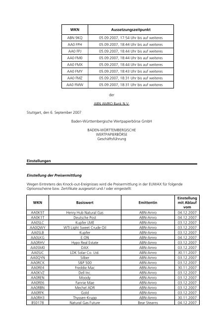 Anlage zum Kursblatt vom 4. Dezember 2007 der ... - Börse Stuttgart