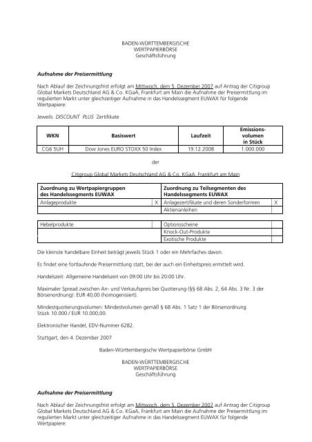 Anlage zum Kursblatt vom 4. Dezember 2007 der ... - Börse Stuttgart