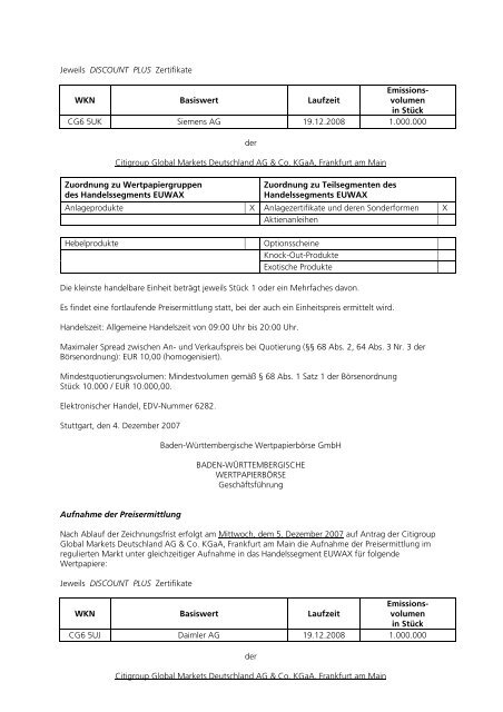 Anlage zum Kursblatt vom 4. Dezember 2007 der ... - Börse Stuttgart