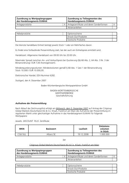 Anlage zum Kursblatt vom 4. Dezember 2007 der ... - Börse Stuttgart