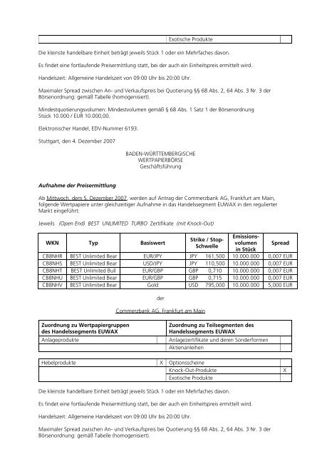 Anlage zum Kursblatt vom 4. Dezember 2007 der ... - Börse Stuttgart