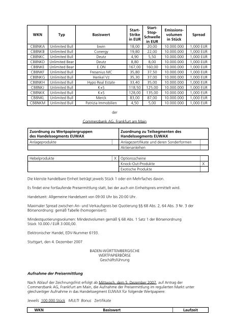 Anlage zum Kursblatt vom 4. Dezember 2007 der ... - Börse Stuttgart