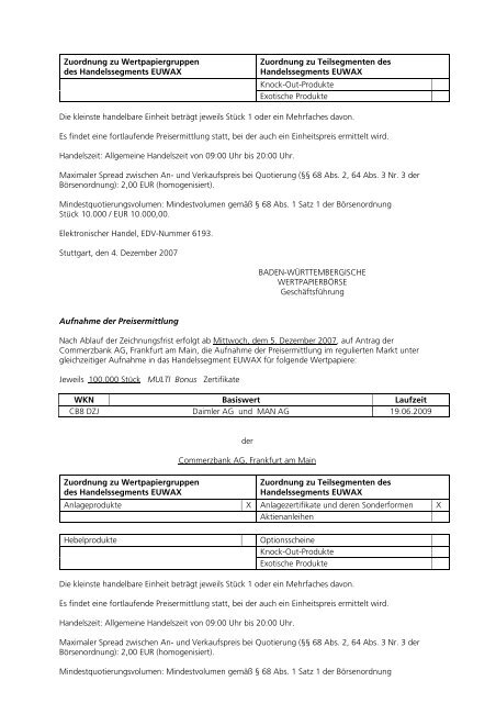 Anlage zum Kursblatt vom 4. Dezember 2007 der ... - Börse Stuttgart