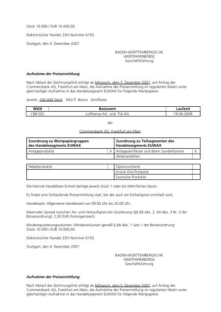 Anlage zum Kursblatt vom 4. Dezember 2007 der ... - Börse Stuttgart