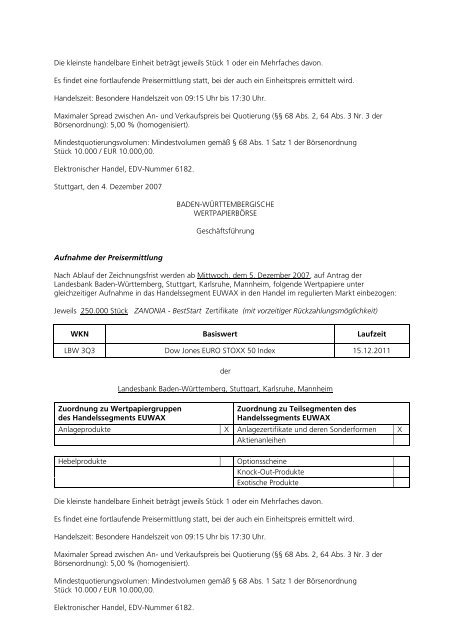 Anlage zum Kursblatt vom 4. Dezember 2007 der ... - Börse Stuttgart