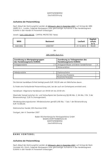 Anlage zum Kursblatt vom 4. Dezember 2007 der ... - Börse Stuttgart