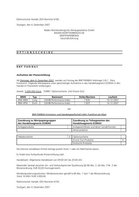 Anlage zum Kursblatt vom 4. Dezember 2007 der ... - Börse Stuttgart