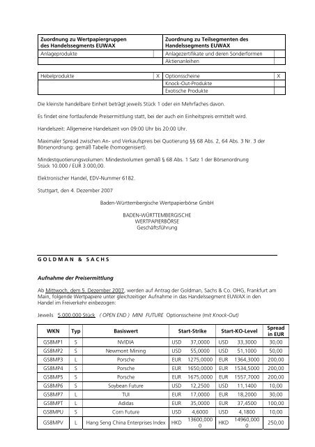 Anlage zum Kursblatt vom 4. Dezember 2007 der ... - Börse Stuttgart