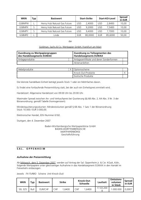 Anlage zum Kursblatt vom 4. Dezember 2007 der ... - Börse Stuttgart