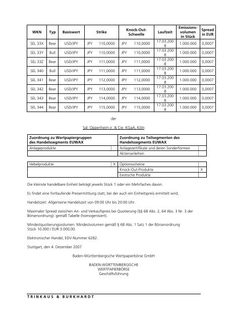 Anlage zum Kursblatt vom 4. Dezember 2007 der ... - Börse Stuttgart