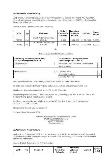 Anlage zum Kursblatt vom 4. Dezember 2007 der ... - Börse Stuttgart