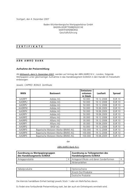 Anlage zum Kursblatt vom 4. Dezember 2007 der ... - Börse Stuttgart