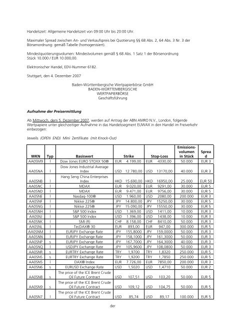 Anlage zum Kursblatt vom 4. Dezember 2007 der ... - Börse Stuttgart