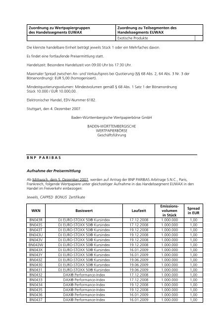 Anlage zum Kursblatt vom 4. Dezember 2007 der ... - Börse Stuttgart