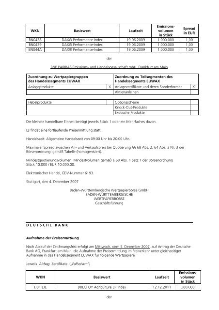 Anlage zum Kursblatt vom 4. Dezember 2007 der ... - Börse Stuttgart