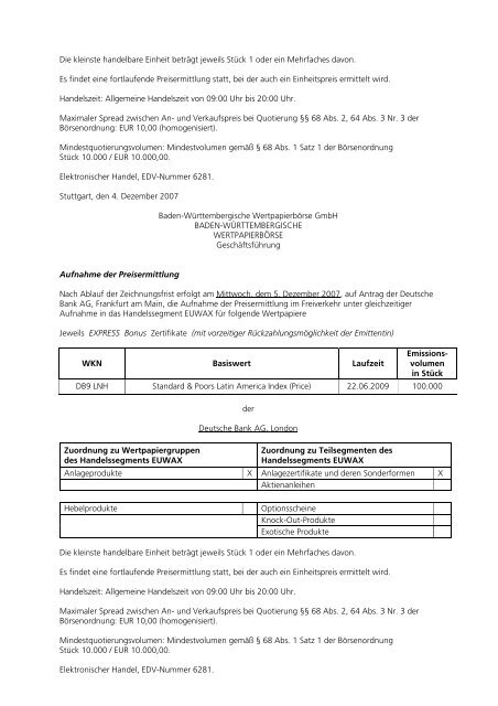 Anlage zum Kursblatt vom 4. Dezember 2007 der ... - Börse Stuttgart