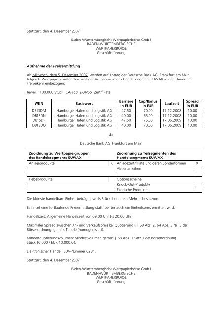 Anlage zum Kursblatt vom 4. Dezember 2007 der ... - Börse Stuttgart