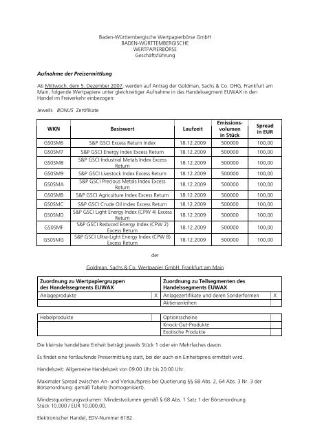 Anlage zum Kursblatt vom 4. Dezember 2007 der ... - Börse Stuttgart