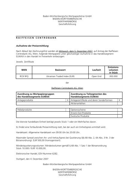 Anlage zum Kursblatt vom 4. Dezember 2007 der ... - Börse Stuttgart