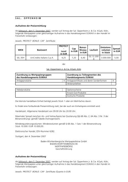 Anlage zum Kursblatt vom 4. Dezember 2007 der ... - Börse Stuttgart