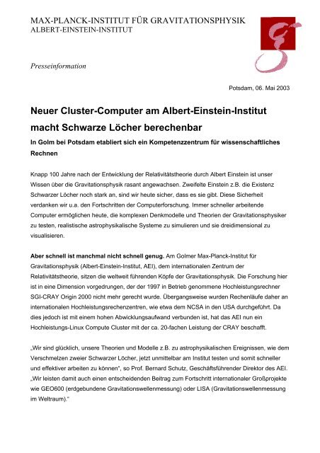 Neuer Cluster-Computer am Albert-Einstein-Institut macht Schwarze ...
