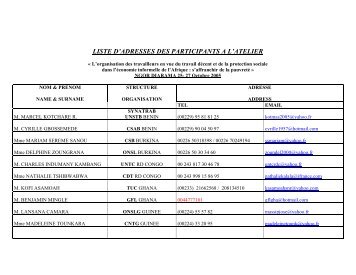 LISTE D'ADRESSES DES PARTICIPANTS A L'ATELIER - WIEGO