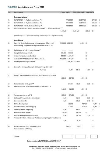 EUROFOX Ausstattung und Preise 2010 - Avionic - Aerodynamic ...