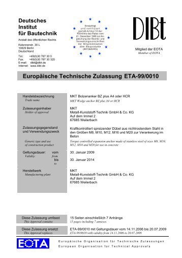 Europäische Technische Zulassung ETA-99/0010 - EJOT