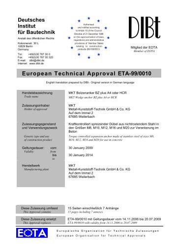 European Technical Approval ETA-99/0010 - EJOT