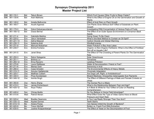 Synopsys Championship 2011 Master Project List