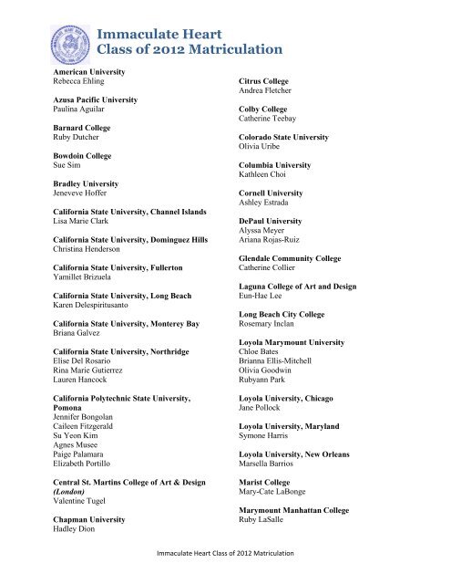 Matriculation list for the class of 2012