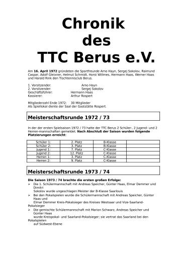 Chronik des Tischtennis Club Berus e.V. - TTC Berus