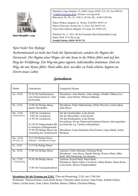 Pfarrnachrichten vom 10. Febr. 2013 - Rastdorf